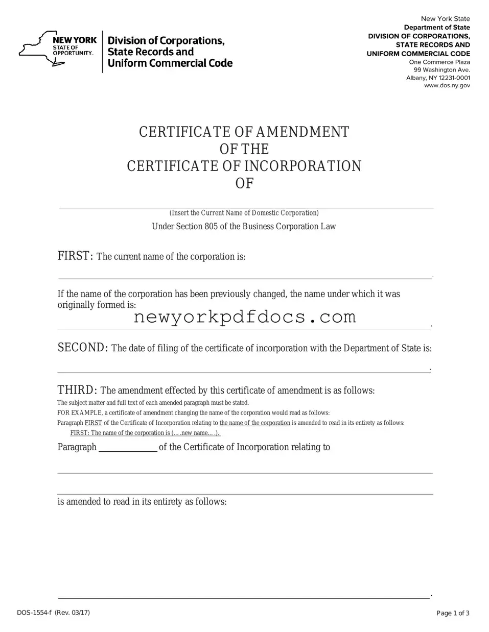 Free Certificate Of Amendment Nys Form