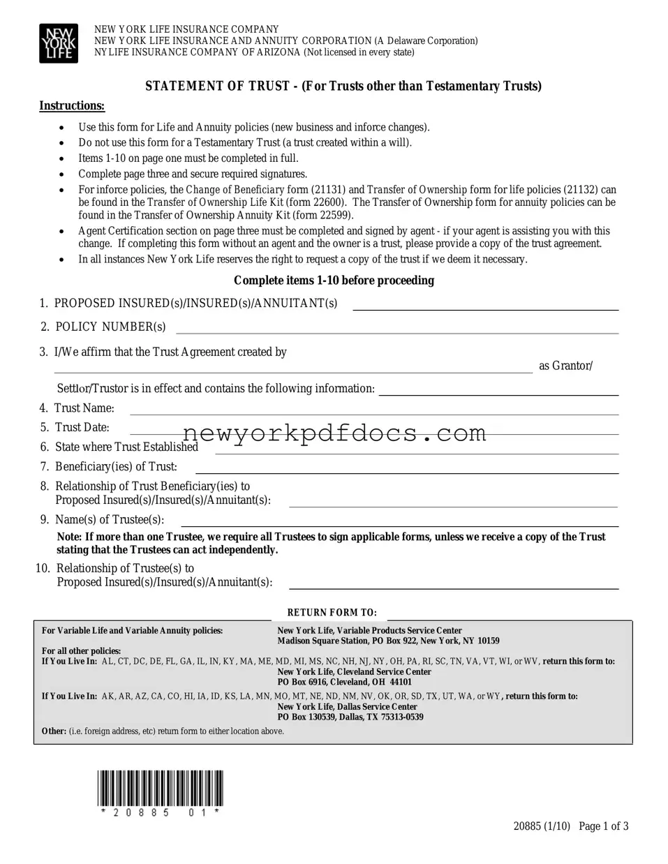 Free New York 20885 Form