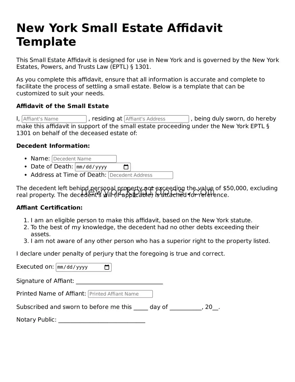 Valid  Small Estate Affidavit Document for New York