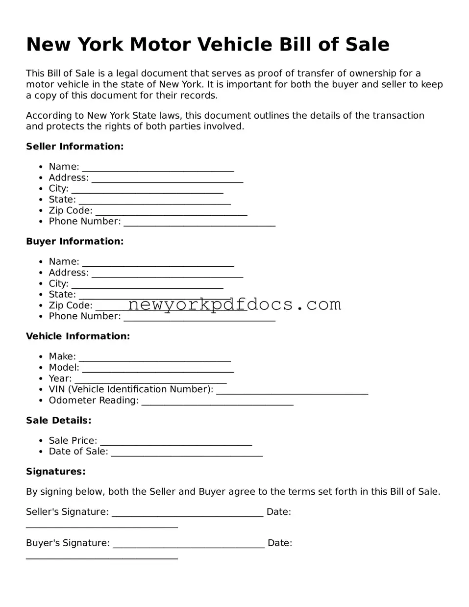 Valid  Motor Vehicle Bill of Sale Document for New York