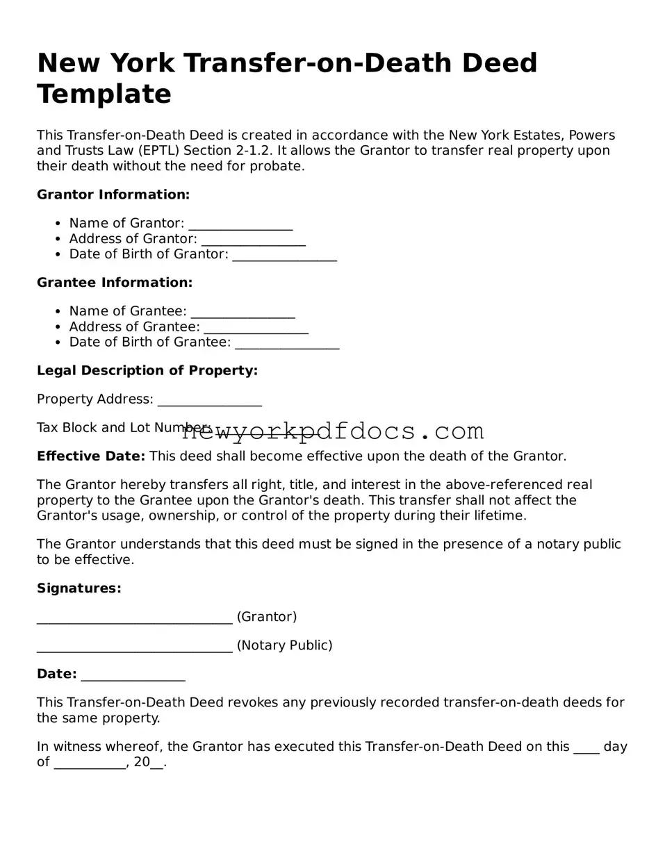 Valid  Transfer-on-Death Deed Document for New York