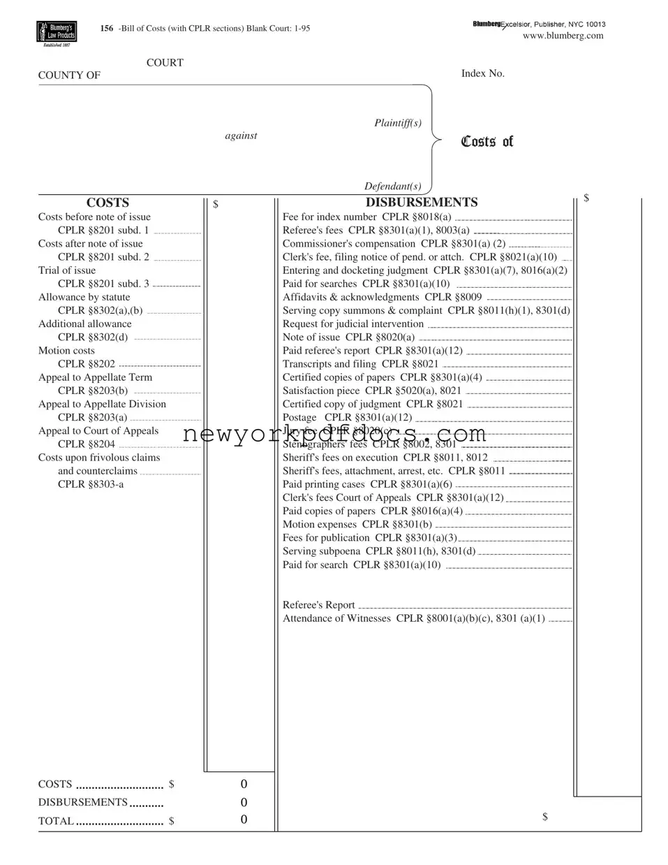 Free New York Bill Costs Form