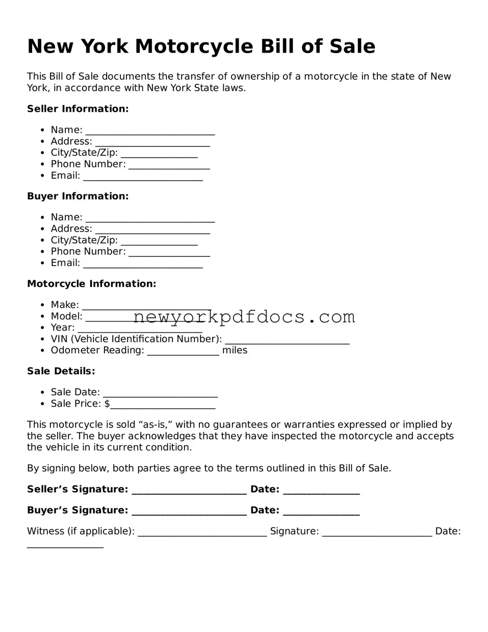 Valid  Motorcycle Bill of Sale Document for New York