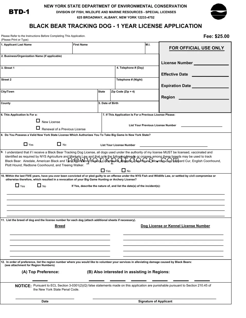 Free New York Btd 1 Form