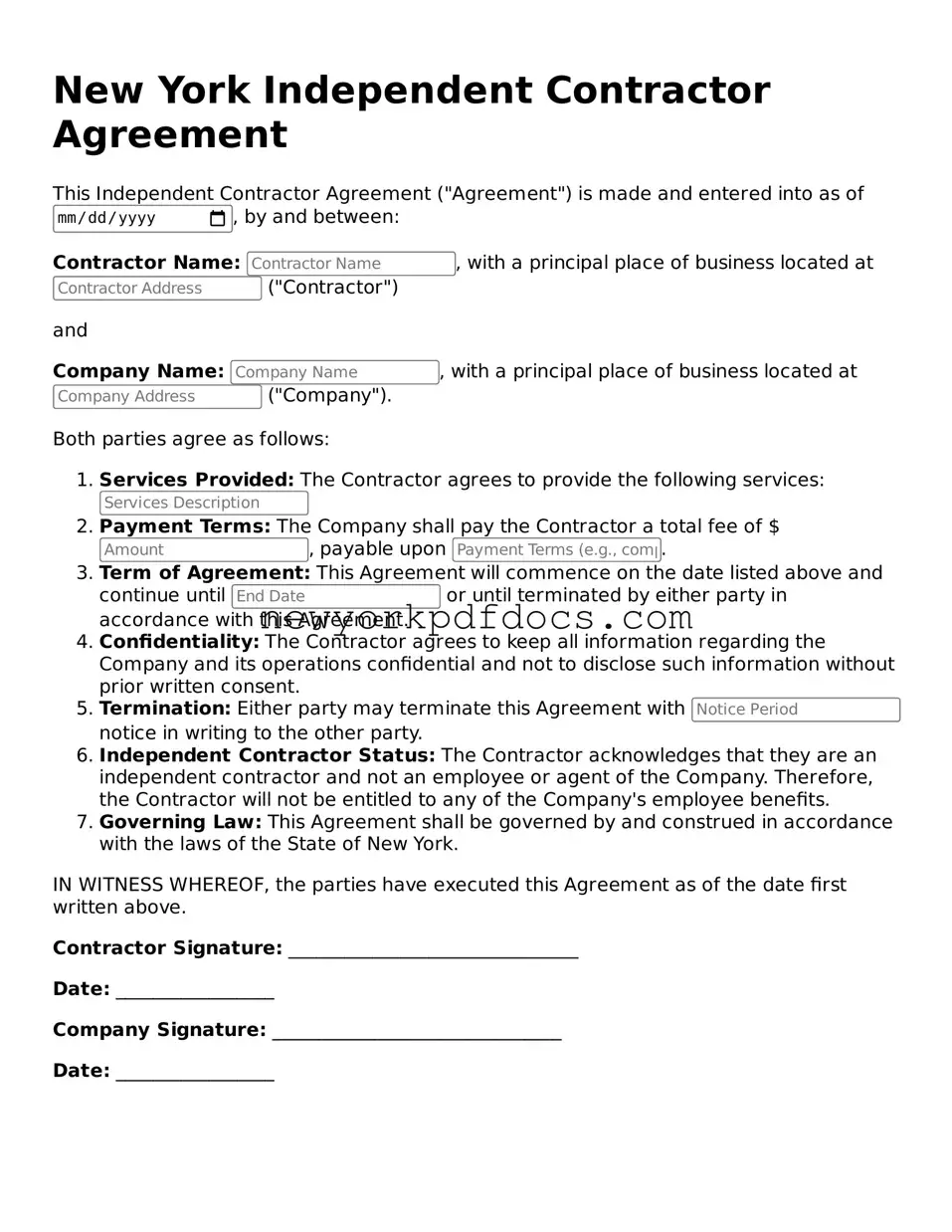 Valid  Independent Contractor Agreement Document for New York