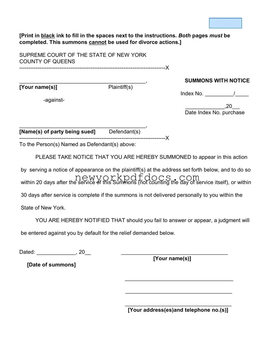 Free New York Court Summons Form