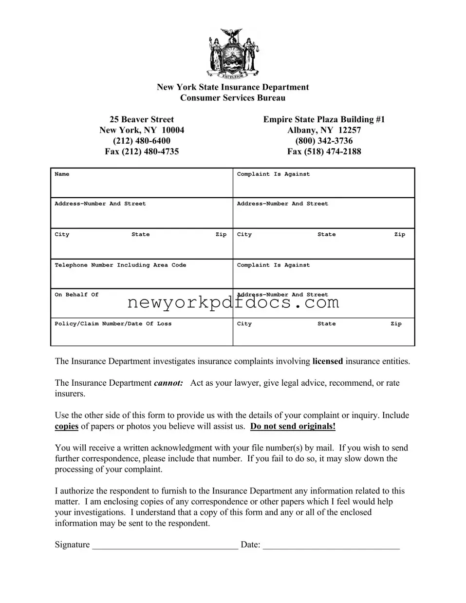 Free New York Dept Insurance Form