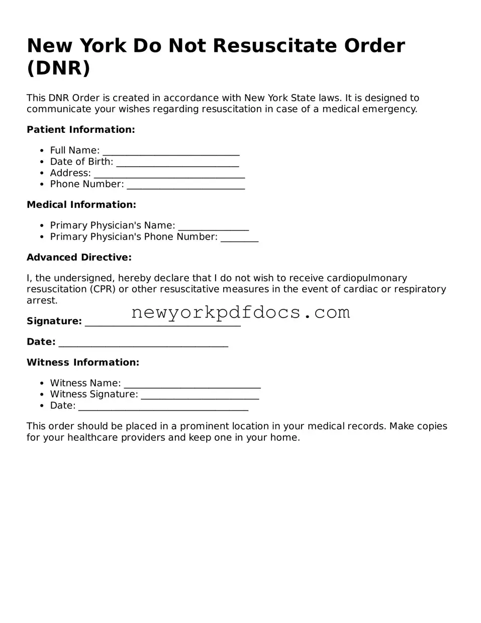 Valid  Do Not Resuscitate Order Document for New York