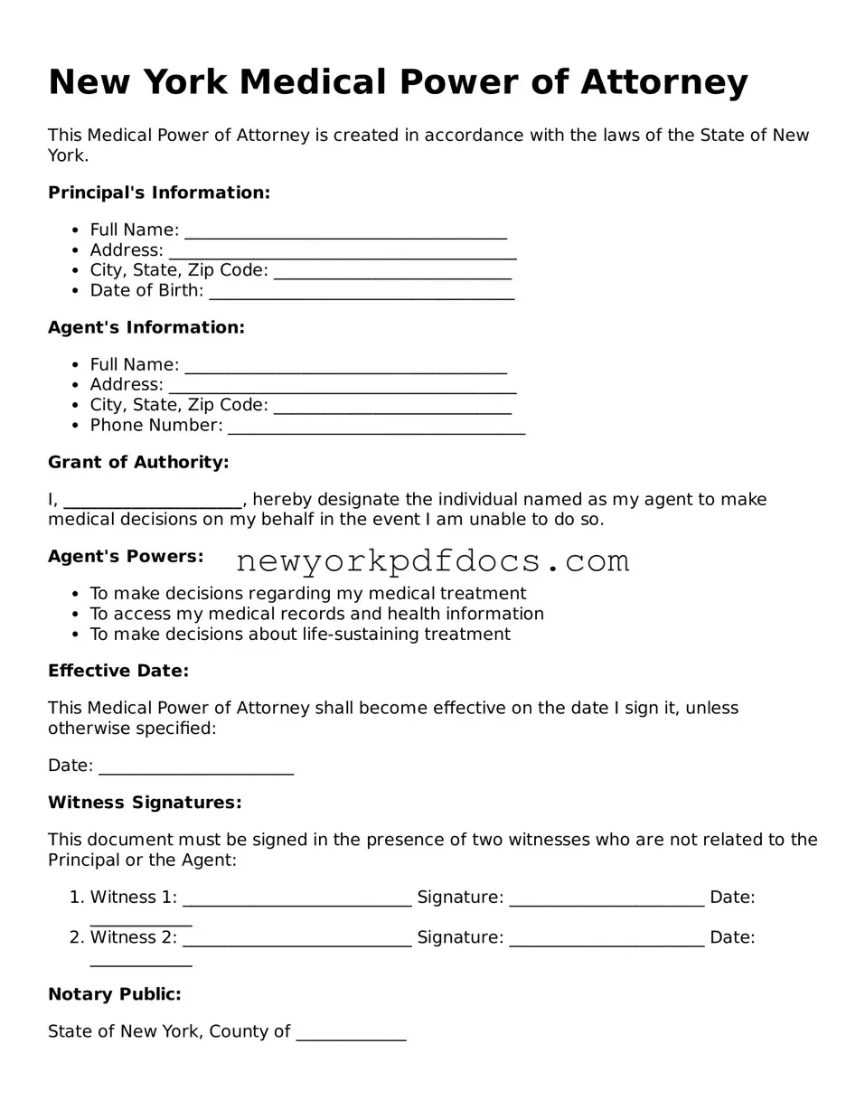 Valid  Medical Power of Attorney Document for New York