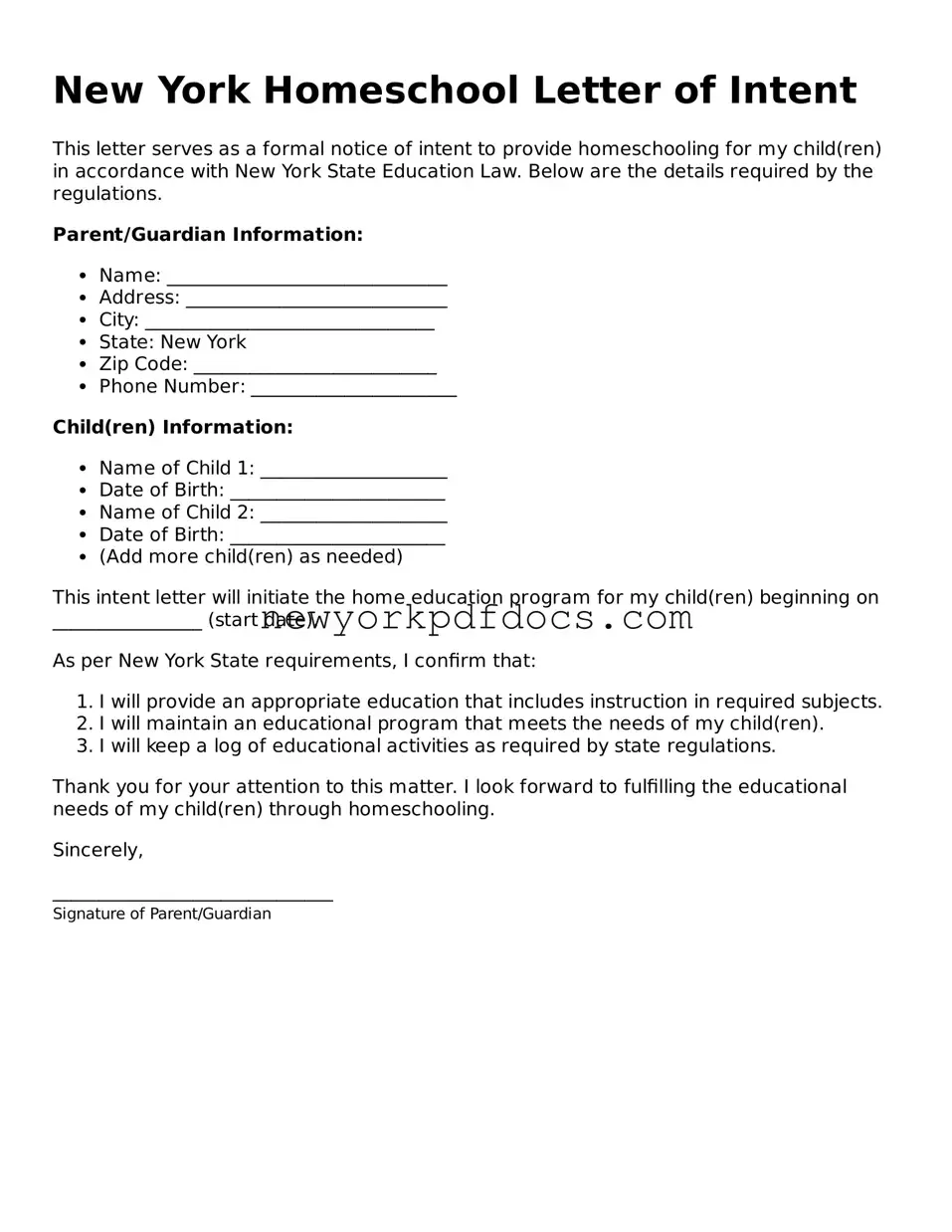 Valid  Homeschool Letter of Intent Document for New York