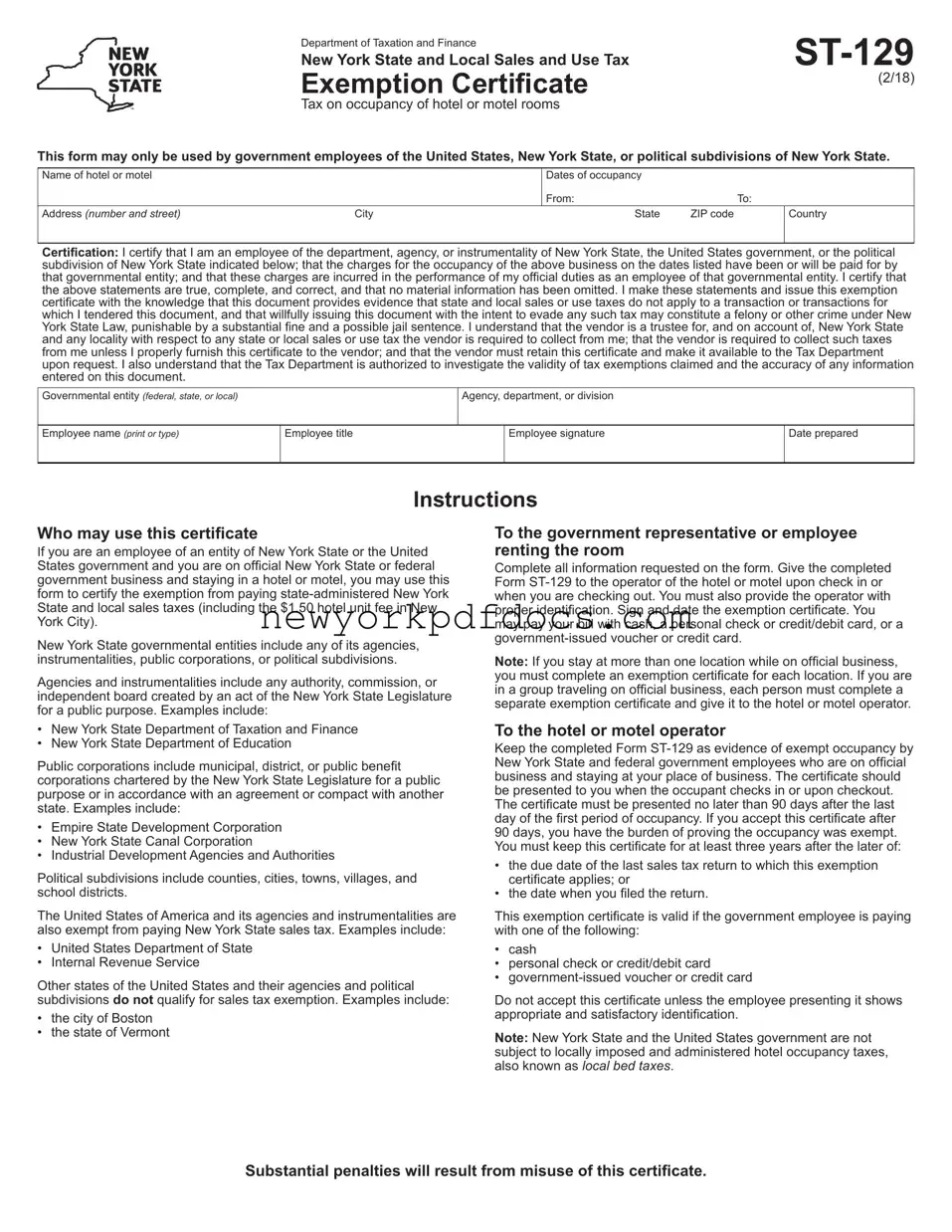 Free New York Hotel Tax Exempt Form