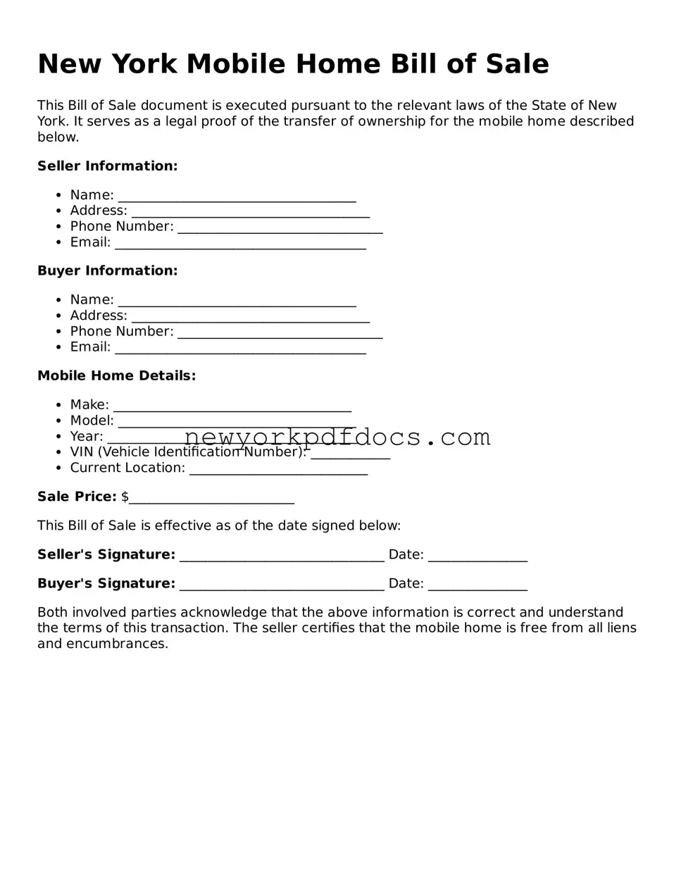 Valid  Mobile Home Bill of Sale Document for New York