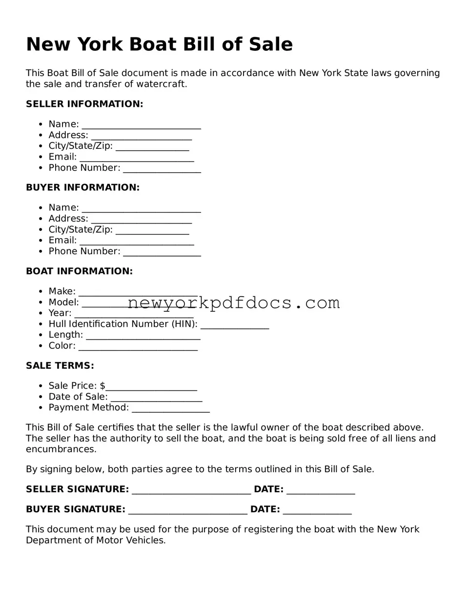 Valid  Boat Bill of Sale Document for New York