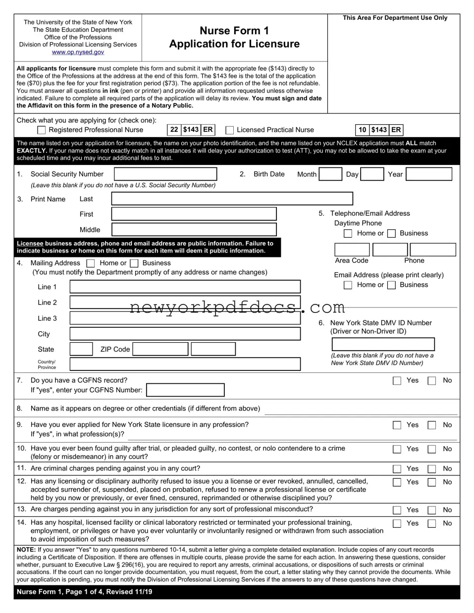 Free New York Nurse 1 Form