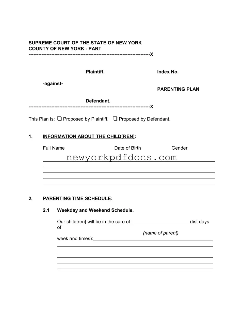 Free New York Parenting Plan Form