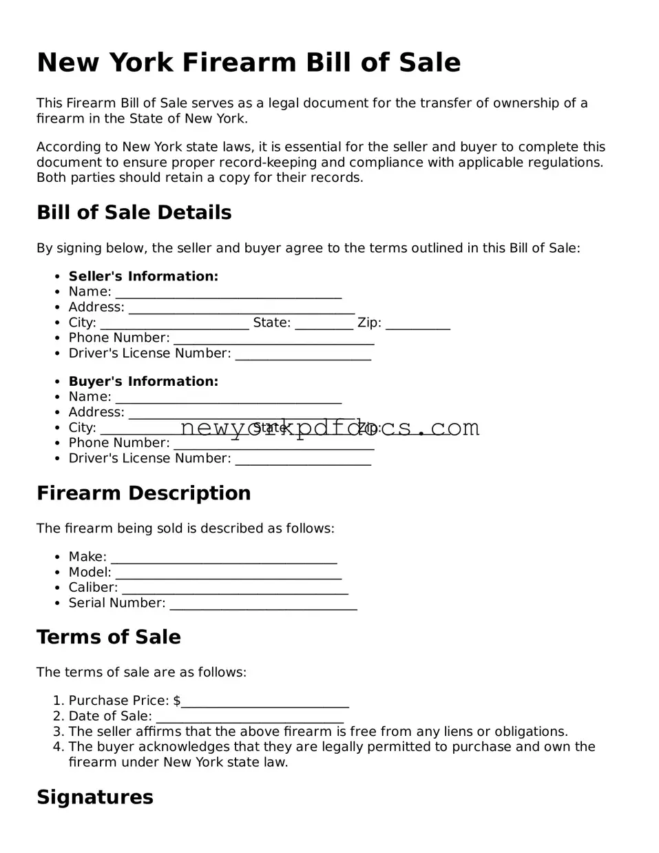 Valid  Firearm Bill of Sale Document for New York
