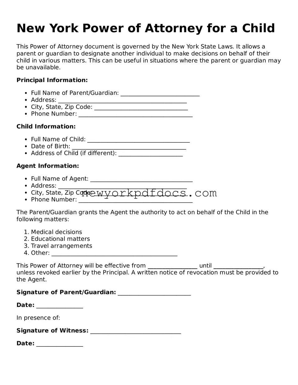 Valid  Power of Attorney for a Child Document for New York