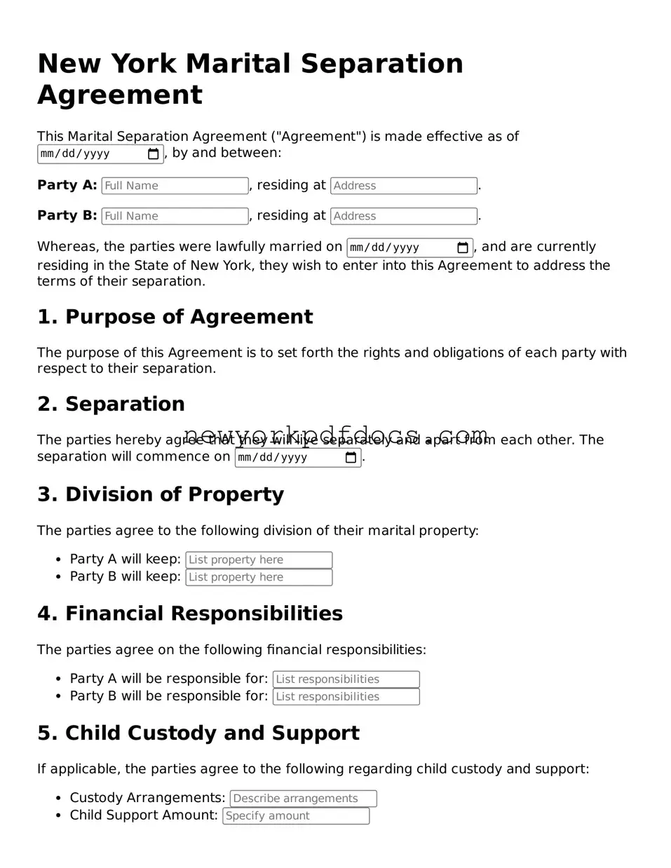 Valid  Marital Separation Agreement Document for New York