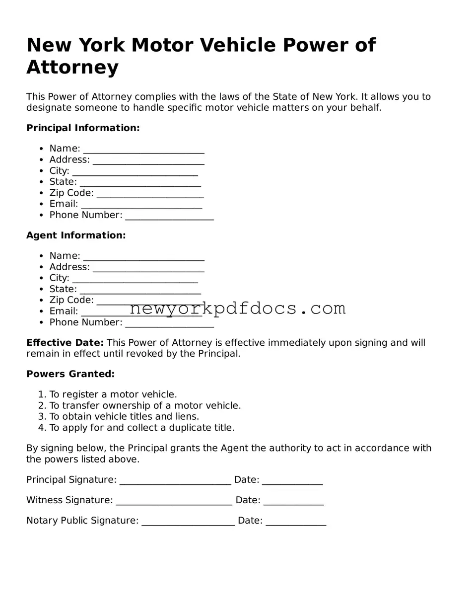 Valid  Motor Vehicle Power of Attorney Document for New York