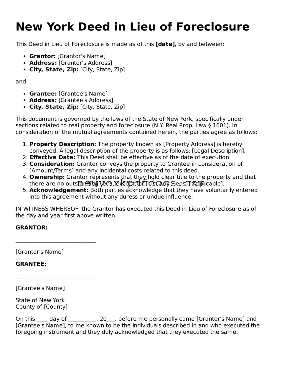 Valid  Deed in Lieu of Foreclosure Document for New York