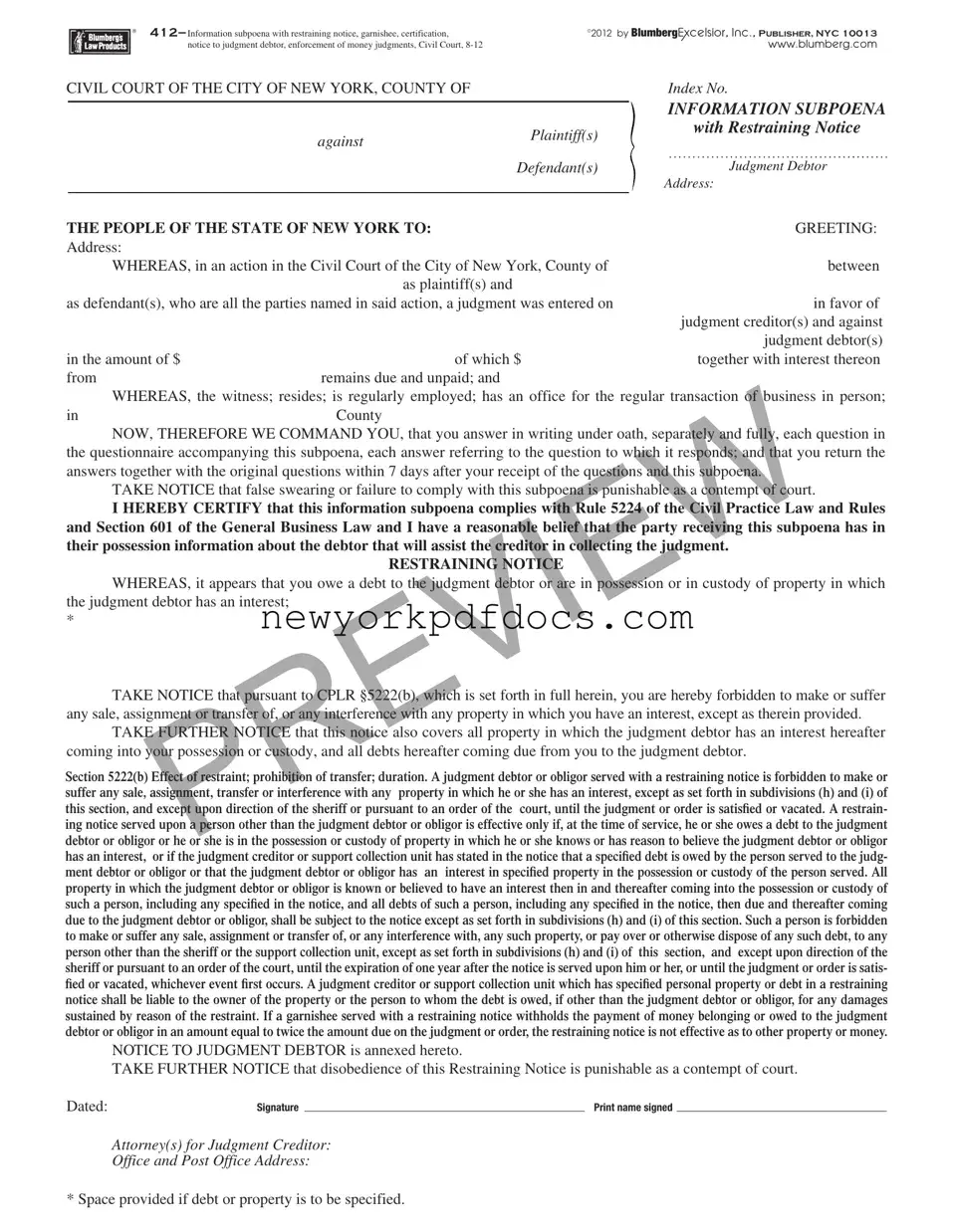 Free Ny Restraining Notice Form