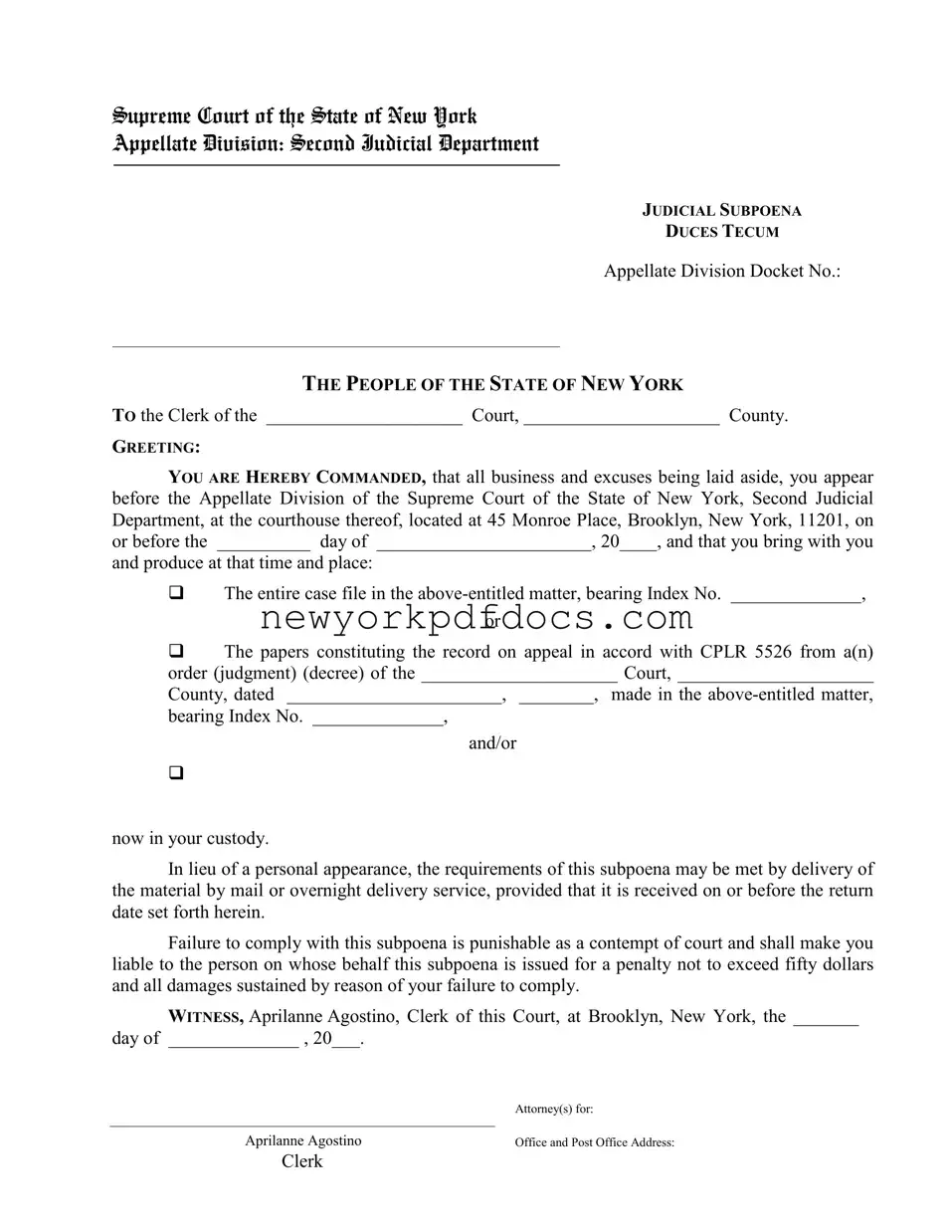 Free Ny Subpoena Duces Form