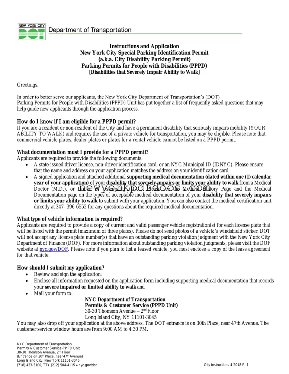 Free NYC disability parking permit Form