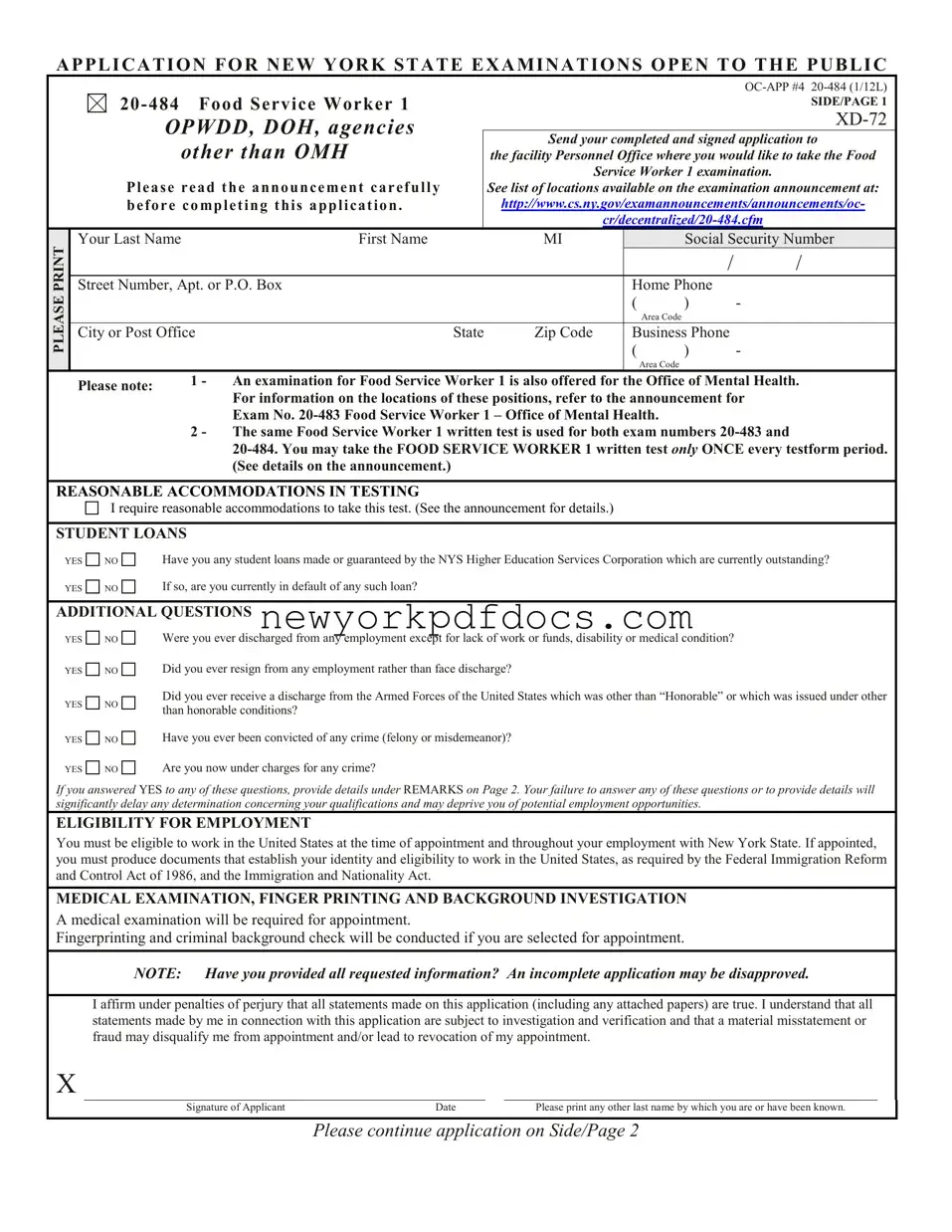 Free Nys Food Service Worker Form