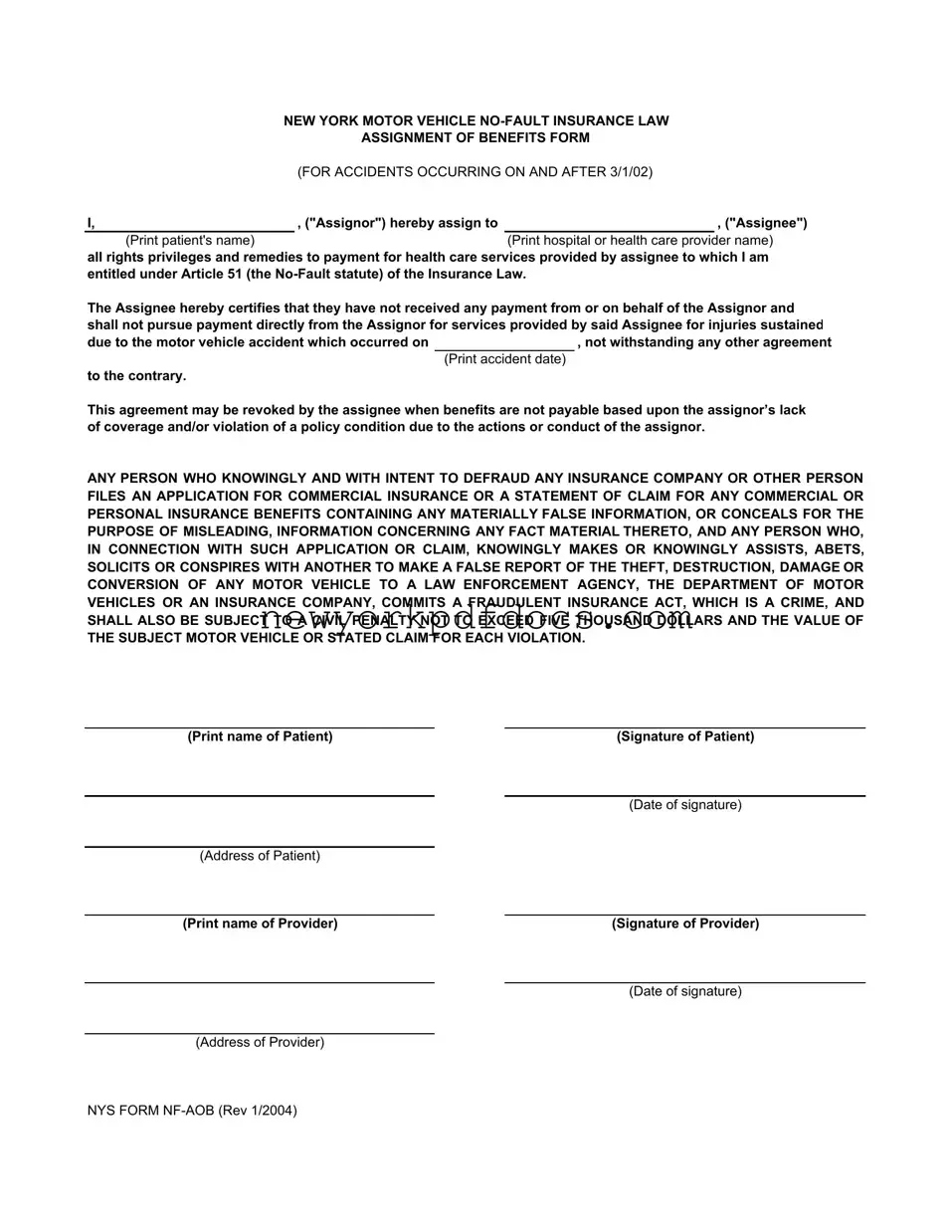 Free Nys Nf Aob Form