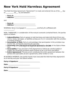 Valid  Hold Harmless Agreement Document for New York