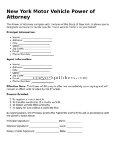 Valid  Motor Vehicle Power of Attorney Document for New York